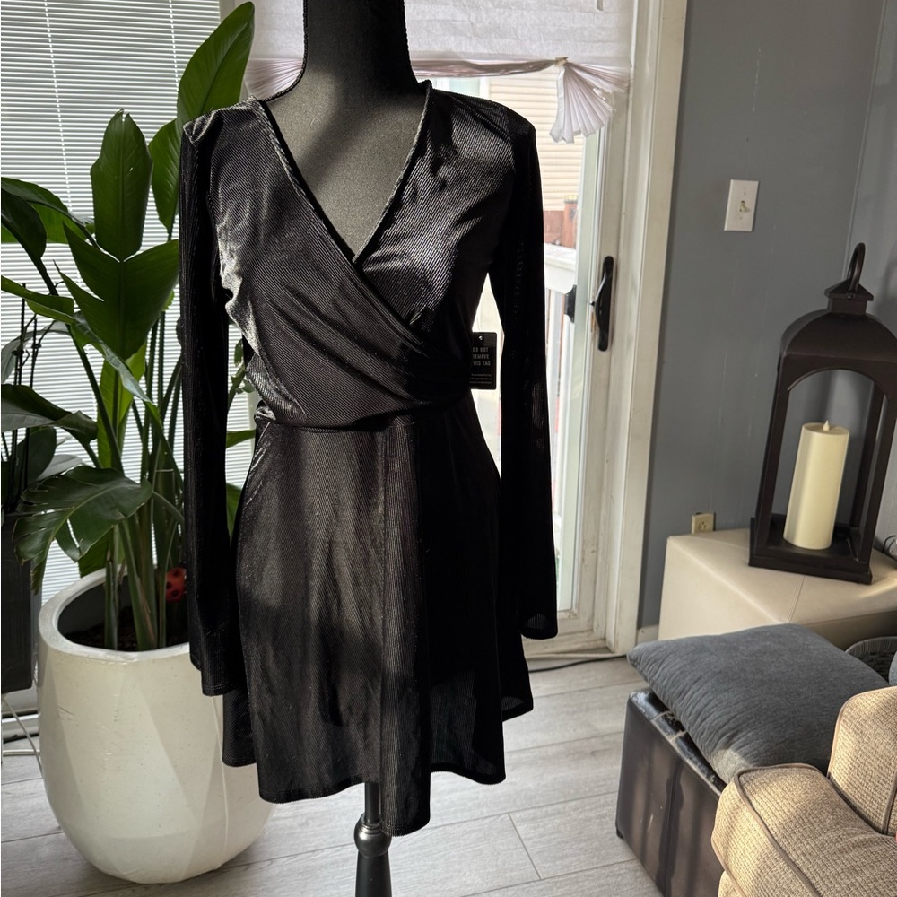 Express Black Wrap-Front Long Sleeve Dress